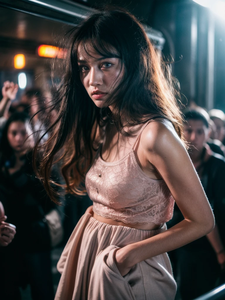 (Full shot:1.4), (best quality:1.4), 1girl, kazakh, cute face, pink lace tanktop with short skirt, surrounded by very close crowded in bus stop, (emotional posing:1.2), wavy hair, bangs, (hair blowing in the wind:1.2), (dramatic moment:1.3), (dynamic object:1.4), crowd (motion blur:1.3), film looks, RAW photo, beauty shadow, neon light, (ambient lighting:1.2), detailed skin, detailed face and eyes, ultra highly detailed, surreal view, sharp focus, shot by zenit analog film, cinematic portrait by annie leibovitz, aesthetic photography in 2024, (candid:1.5)