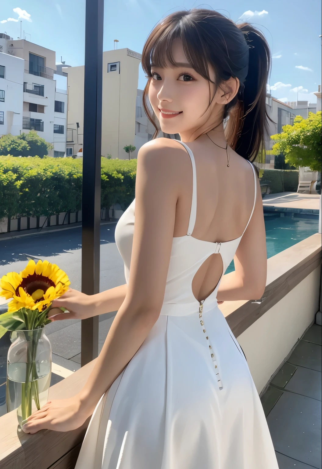 masterpiece、Highest quality、whole body、One Girl、bangs、Japanese、Long black hair、ponytail、Gazing at the audience、white、sunflower、evening、smile、alone、Stylish woman、Pastel colored outfits、stop temporarily、front、terrace、Luxury background elements、look back、Confident expression、Modern and trendy、Fashion focused