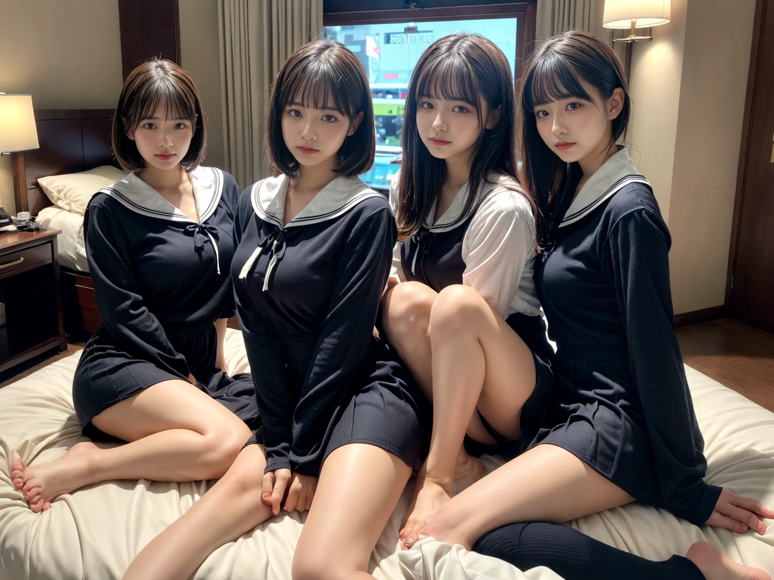 masterpiece, Highest quality, figure, Very detailed, The finer details, High resolution, 8k,wallpaper, Perfect dynamic composition,(Detailed high quality, Realistic depiction of eyes:1.3), (Three Girls), Black Sailor Suit, Seraphim, Navy Pleated Skirt, Sitting, Leg spread, Short Bob Hair, In the background a hotel room, Deep in the field, Large Breasts, Black hair color, Big Natural Color Lip, (Perfect figure), Crying a little、Harajuku Style、20-year-old girl、Cute type、Beautiful feet, Idol Sculpture