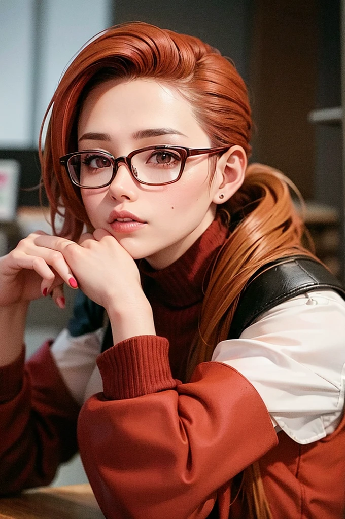 Ocher Hair　Hair tied up　Brown eyes　Red Glasses　Pink lipstick　mole　suit　office