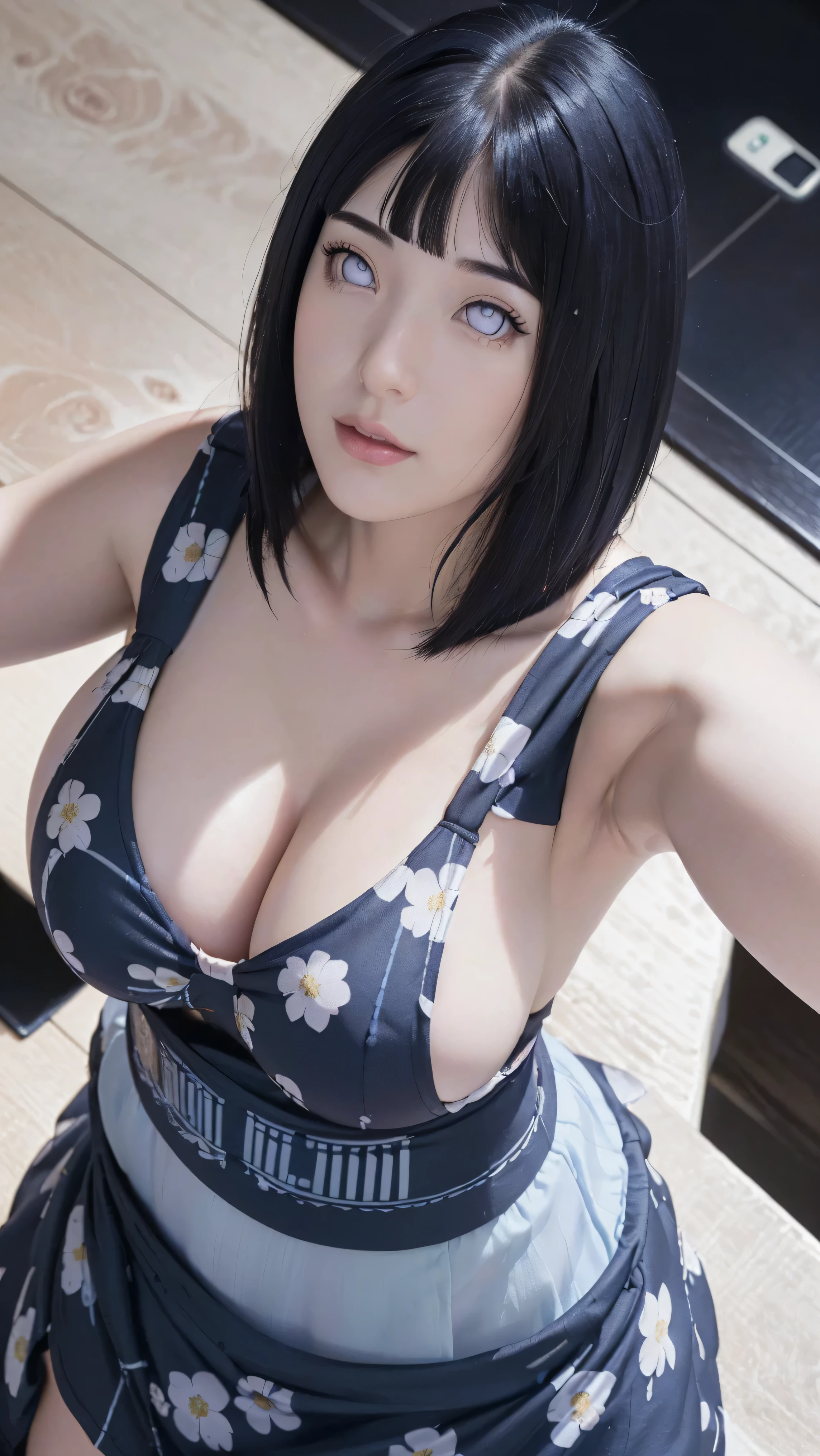 masterpiece, hinata\(boruto\), 1girl, mature women, (((floral Dress))), (((selfie))), (((close-up:1.4))), (((upper body,))) (((from above:1.4))), (((cleavage))), (((big breasts))), (((big round breasts))), (((round breasts))), (((extremely heavy breasts))), (((Colossal tits))), (((heavy breasts))), (((plump breasts))), (((perfect breasts))), (shy face), detailed lips, beautiful face, blush, (pink lips), (((long hair))), white eyes, gentle gaze, smile, super realistic, detailed, realistic face and body, realistic hair, realistic eyes, realistic nose, realistic lips, seductive pose, (((straight bangs))), (dark blue hair), 28 year old girl, (((full body:1.2))), (((portrait is in the center))), 