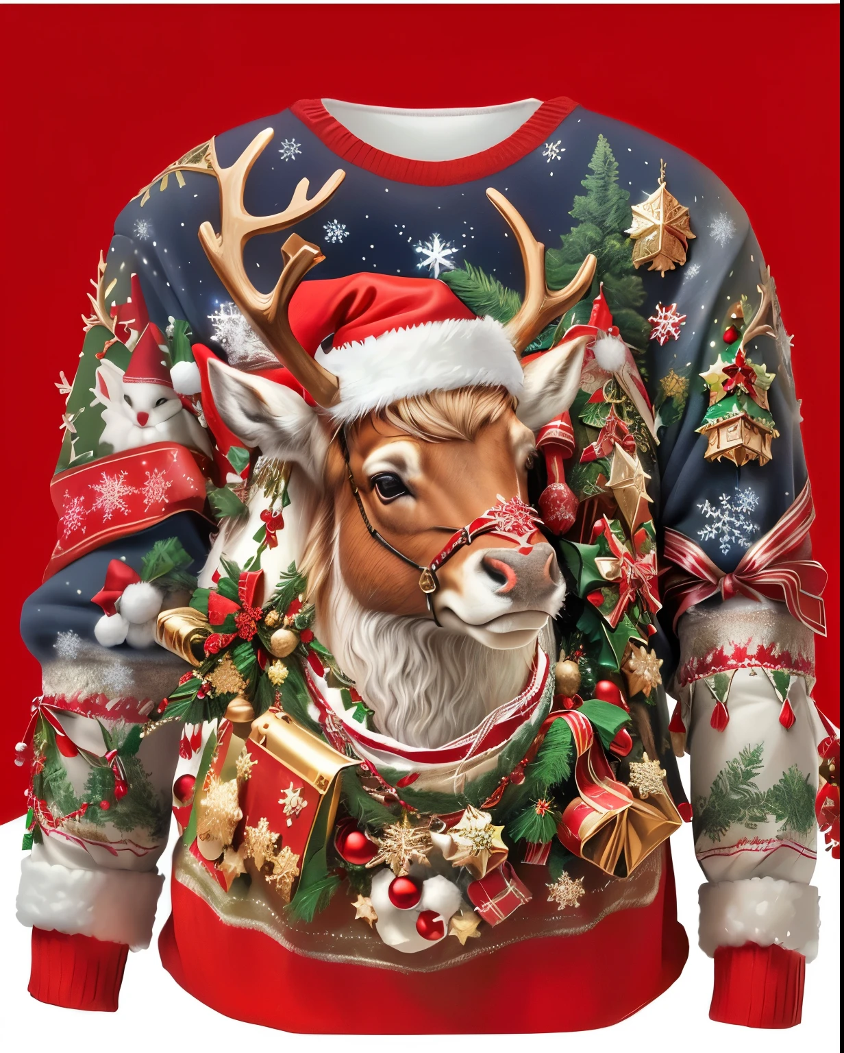 Close-up of a sweater，There is a reindeer wearing a Santa hat on it, Extremely realistic, Very realistic, Surrealism, very Very realistic, Surrealism, Extremely detailed, Very realistic, Extremely complex, Highly realistic, There are many small decorations, Inspired by Rudolf F.. Inger, (Extremely detailed, Very detailed and realistic, Realistic and detailed、Snowflake background、Lots and lots of Christmas gifts