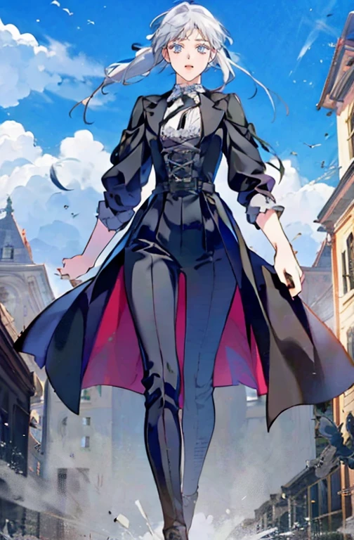 anime - (masterpiece), best quality, seductive eyes, mature face, short straight white hair, black boots, pants, black ribbon, white coat, full body, tall woman, long legs, adult-like female, 1girl, smug face, victorian era, 
