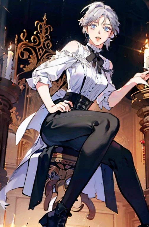 anime - (masterpiece), best quality, seductive eyes, mature face, short straight white hair, black boots, pants, black ribbon, white coat, full body, tall woman, long legs, adult-like female, 1girl, smug face, victorian era,