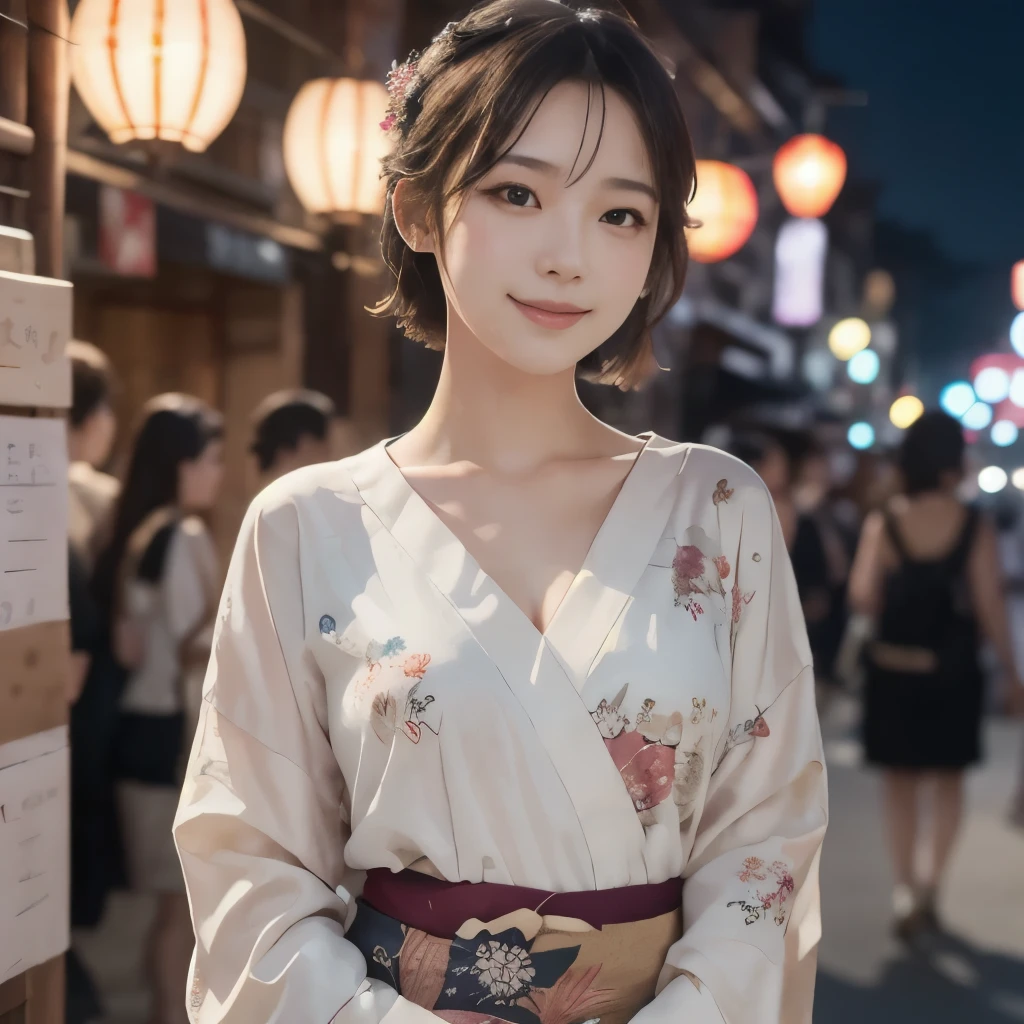 masterpiece, Highest quality, Absurd, Perfect Anatomy, One Girl, alone, PascalTales, short hair, beautiful, Hilarious, Moonlit Night, Summer festival, Summer winds, Sexy Yukata, Floral, Wavy Hair, smile