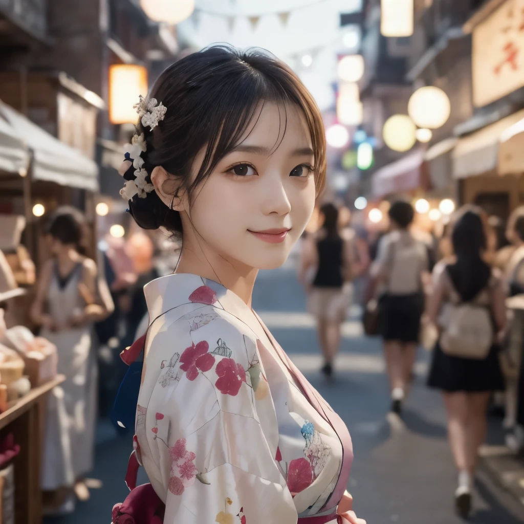 masterpiece, Highest quality, Absurd, Perfect Anatomy, One Girl, alone, PascalTales, short hair, beautiful, Hilarious, Moonlit Night, Summer festival, Summer winds, Sexy Yukata, Floral, Wavy Hair, smile