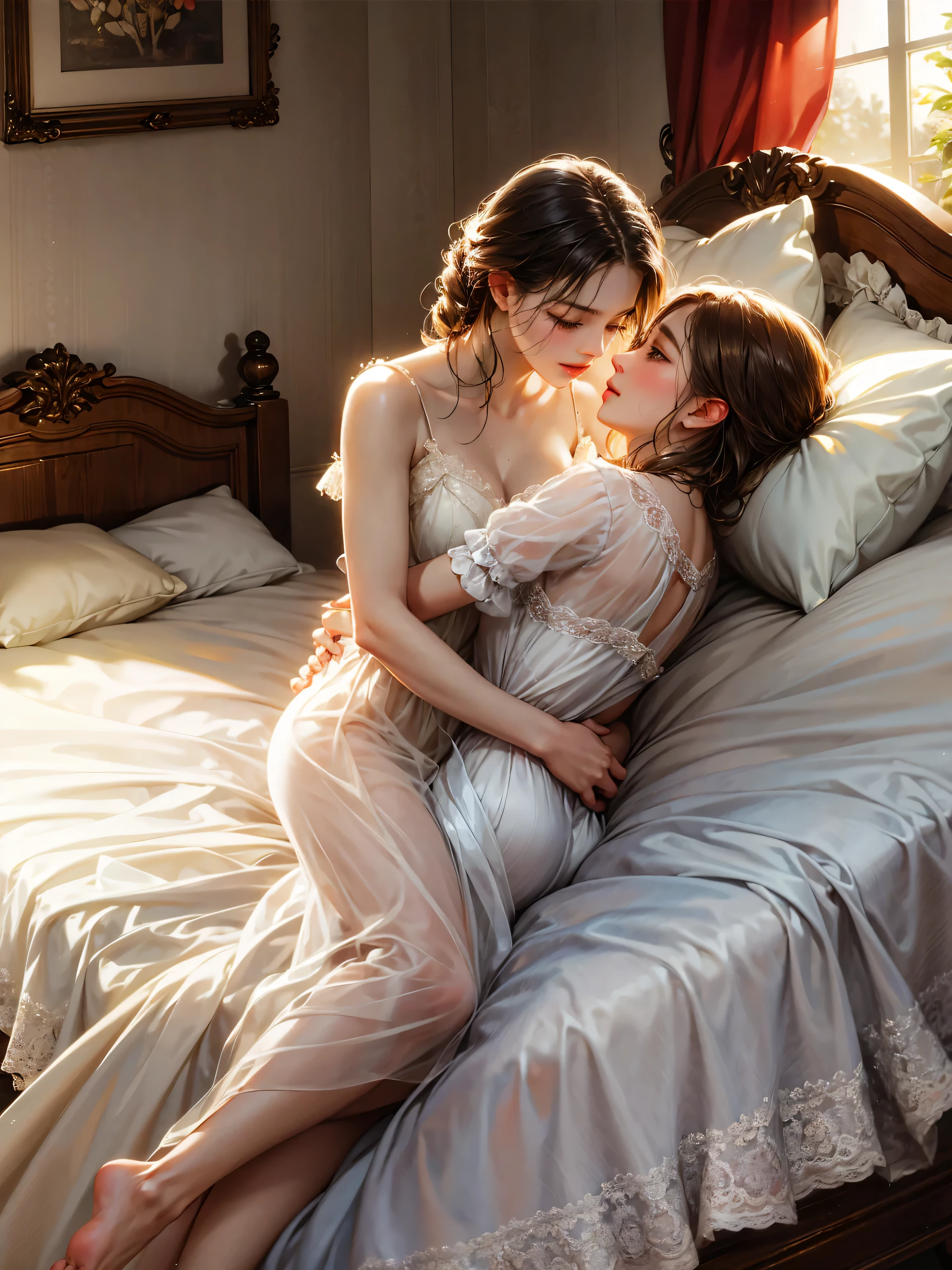 romantic and intimate scene of a man and woman on a bed. The image should emphasize their connection and affection, capturing a moment of closeness and tenderness. The scene should be depicted with a sense of softness and elegance, with a focus on their expressions and the gentle interaction between them. The setting should be cozy and warm, with soft lighting that enhances the emotional atmosphere while maintaining a respectful and artistic portrayal of their intimacy.