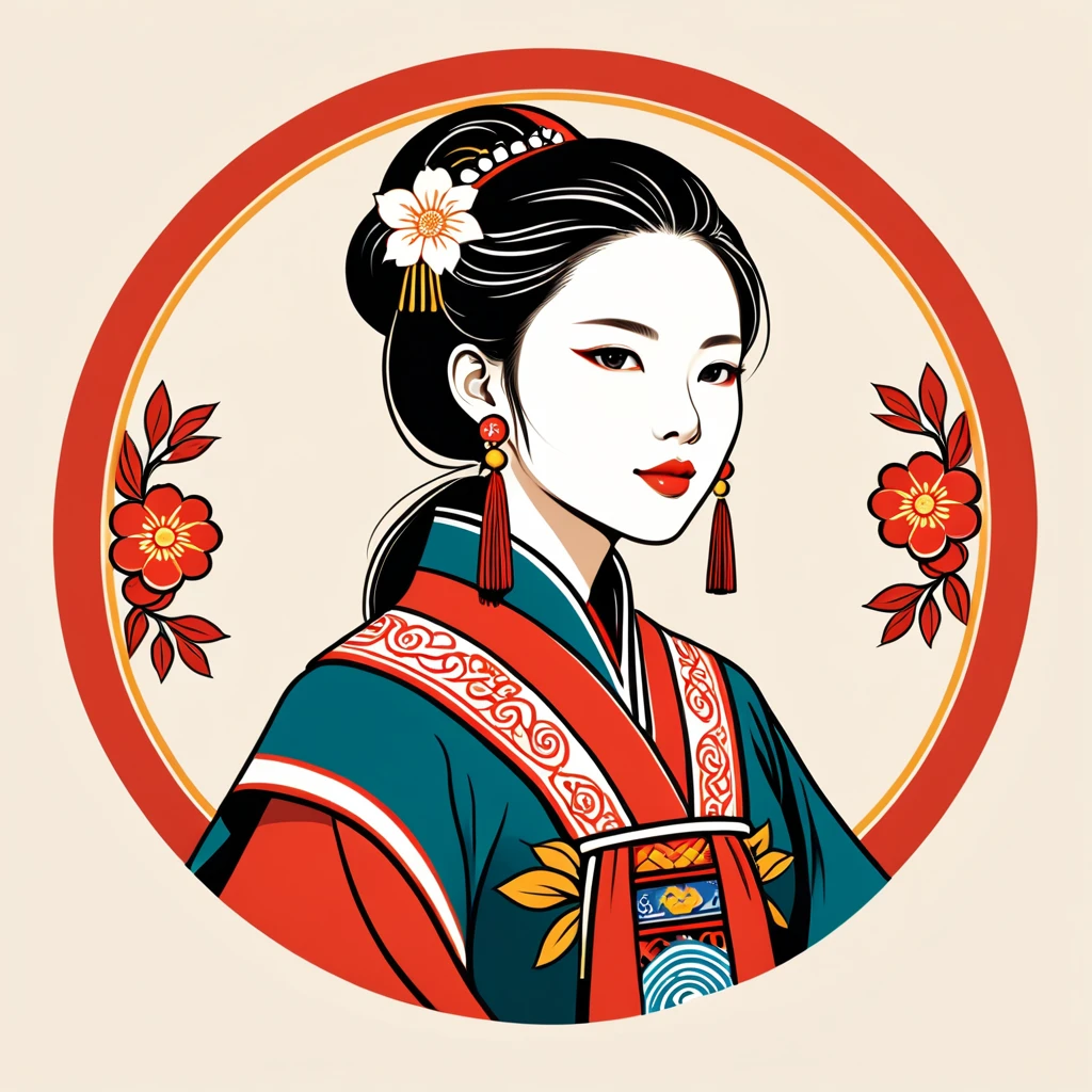 woman in taiwan folk outfit, vector graphics, strong contours, logo design
