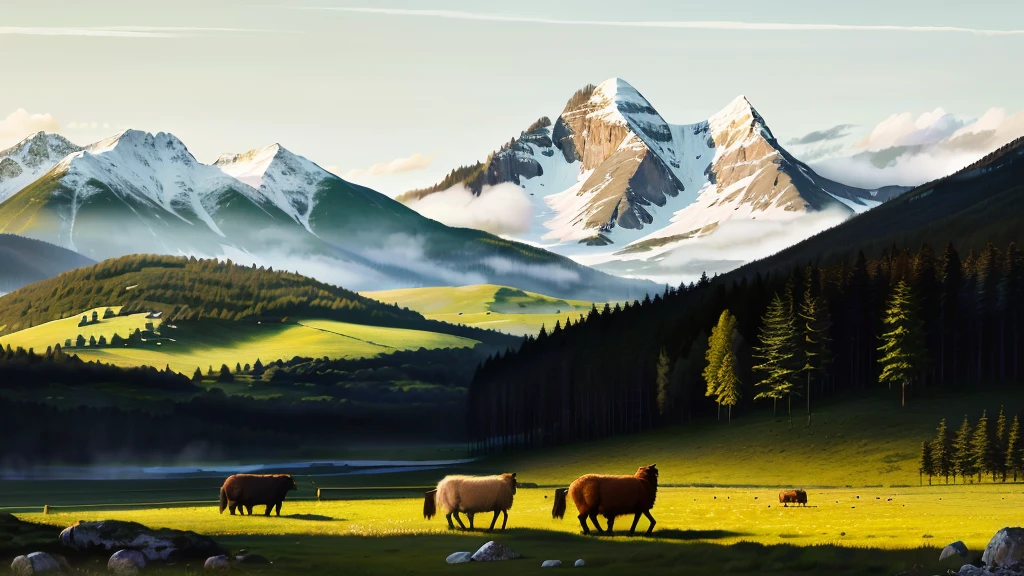 meadow, lush green forest, distant mountains, stream, flock of sheep, (best quality,4k,8k,highres,masterpiece:1.2),ultra-detailed,(realistic,photorealistic,photo-realistic:1.37),landscape,natural lighting,scenic,vibrant colors,serene,idyllic