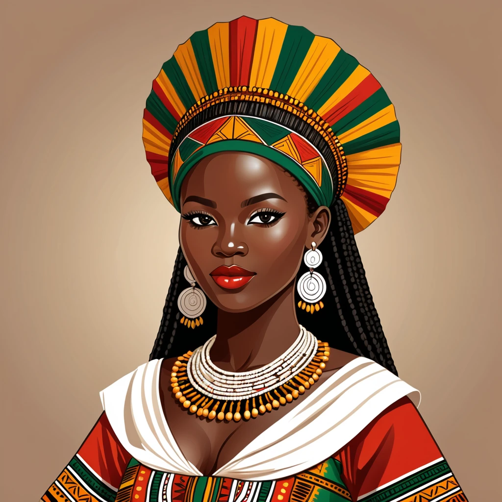 woman in burkina faso folk outfit, vector graphics, strong contours, logo design