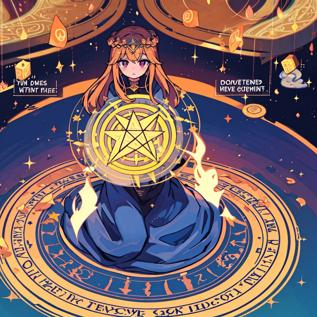 Goddess summons heroes, summoning circle, blue pentagram, text level 1 above head