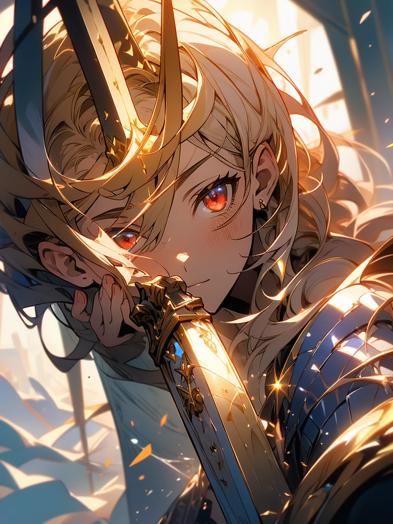 (a teenager male knight in cracked Gold armor), handsome, ((he raise a Greatsword stained with dark element)), a giant gate of castle behind him, light from the sky, lots of swords point at the knight, red eyes, silver hair, black hair, gradient hair, chiaroscuro, cinematic lighting, god rays, ray tracing, reflection light, ((close-up)), masterpiece, best quality, high quality, high details, highest, accurate, anatomically correct, textured skin, UHD, 1080P, ((anime))