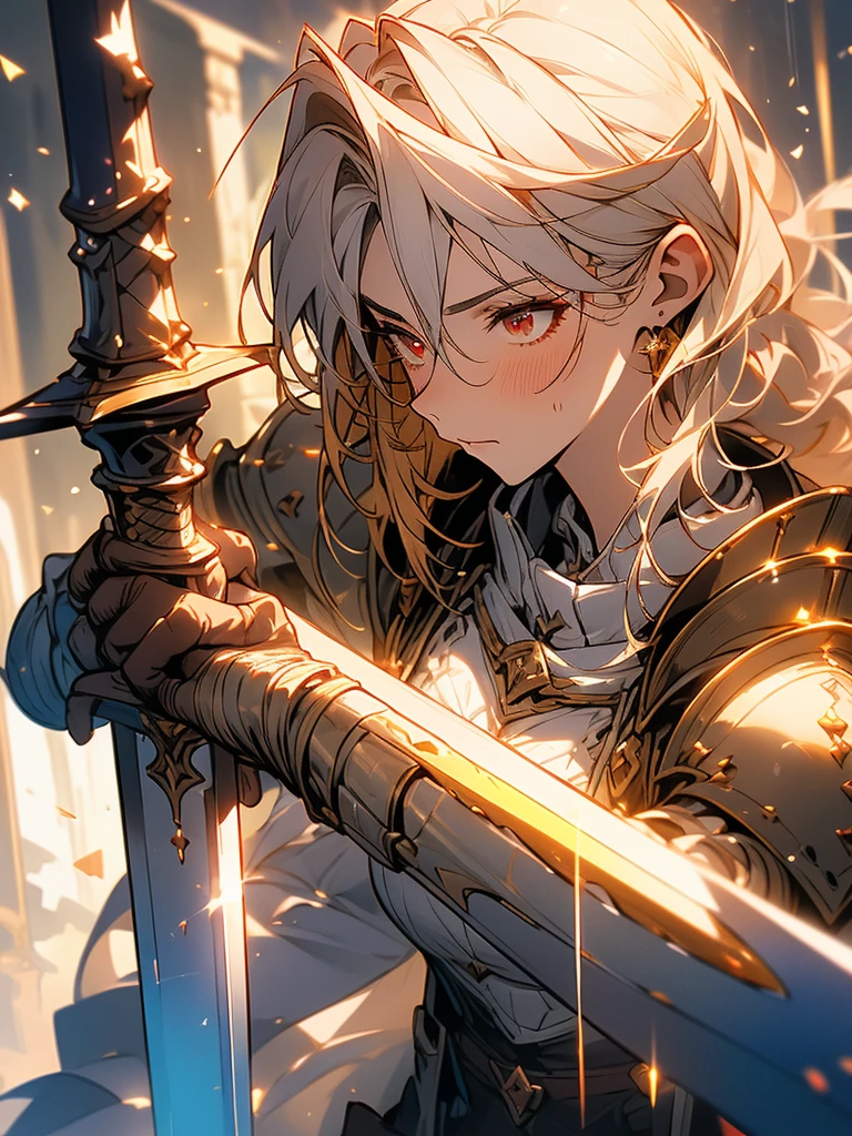(a ager male knight in cracked Gold armor), handsome, ((he raise a Greatsword stained with dark element)), a giant gate of castle behind him, light from the sky, lots of swords point at the knight, red eyes, silver hair, black hair, gradient hair, chiaroscuro, cinematic lighting, god rays, ray tracing, reflection light, ((close-up)), masterpiece, best quality, high quality, high details, highest, accurate, anatomically correct, textured skin, UHD, 1080P, ((anime))
