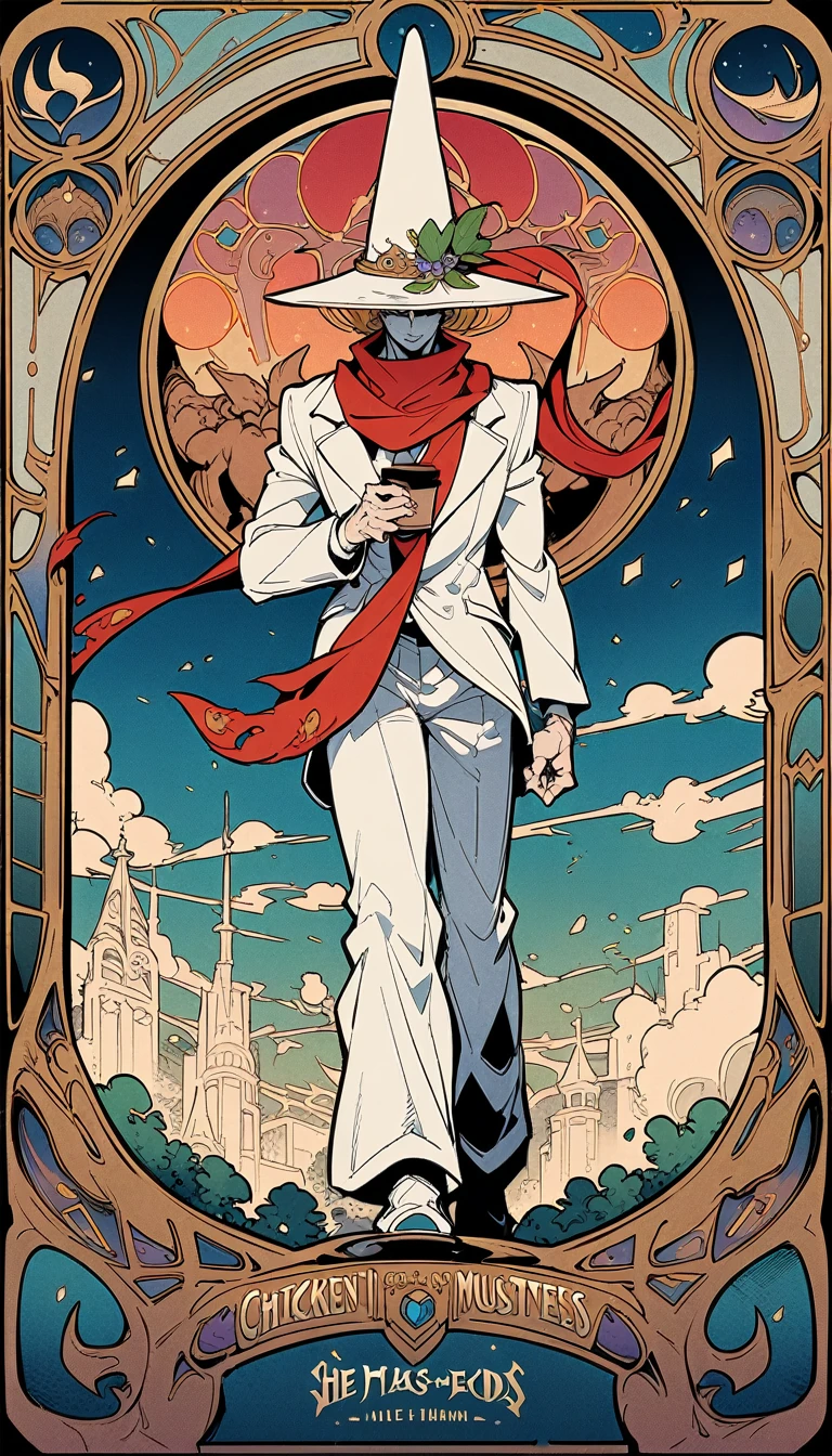 ((best quality)) , ((masterpiece)) , (detailed),illustration of league of legends character, chicken man with b Human arm and hand is holding coffee cup in his right side wearing white suit red scarf , he has big muscles, He wears an oversized hat on top head . flying over the city street fighting with giant robot or monster,(art nouveau style , elegant, decorative, curvilinear forms, nature-inspired, ornate, detailed)