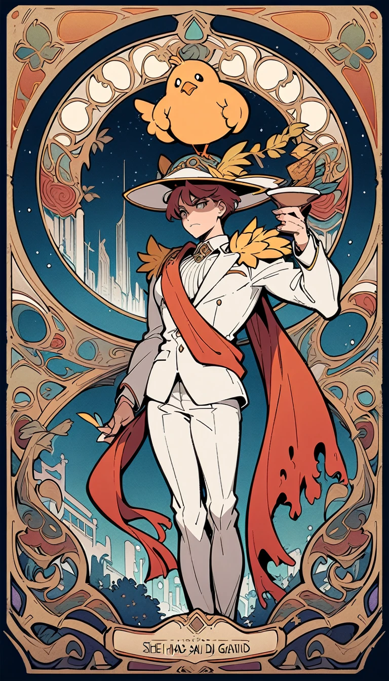 ((best quality)) , ((masterpiece)) , (detailed),illustration of league of legends character, chicken man with b Human arm and hand is holding coffee cup in his right side wearing white suit red scarf , he has big muscles, He wears an oversized hat on top head . flying over the city street fighting with giant robot or monster,(art nouveau style , elegant, decorative, curvilinear forms, nature-inspired, ornate, detailed)