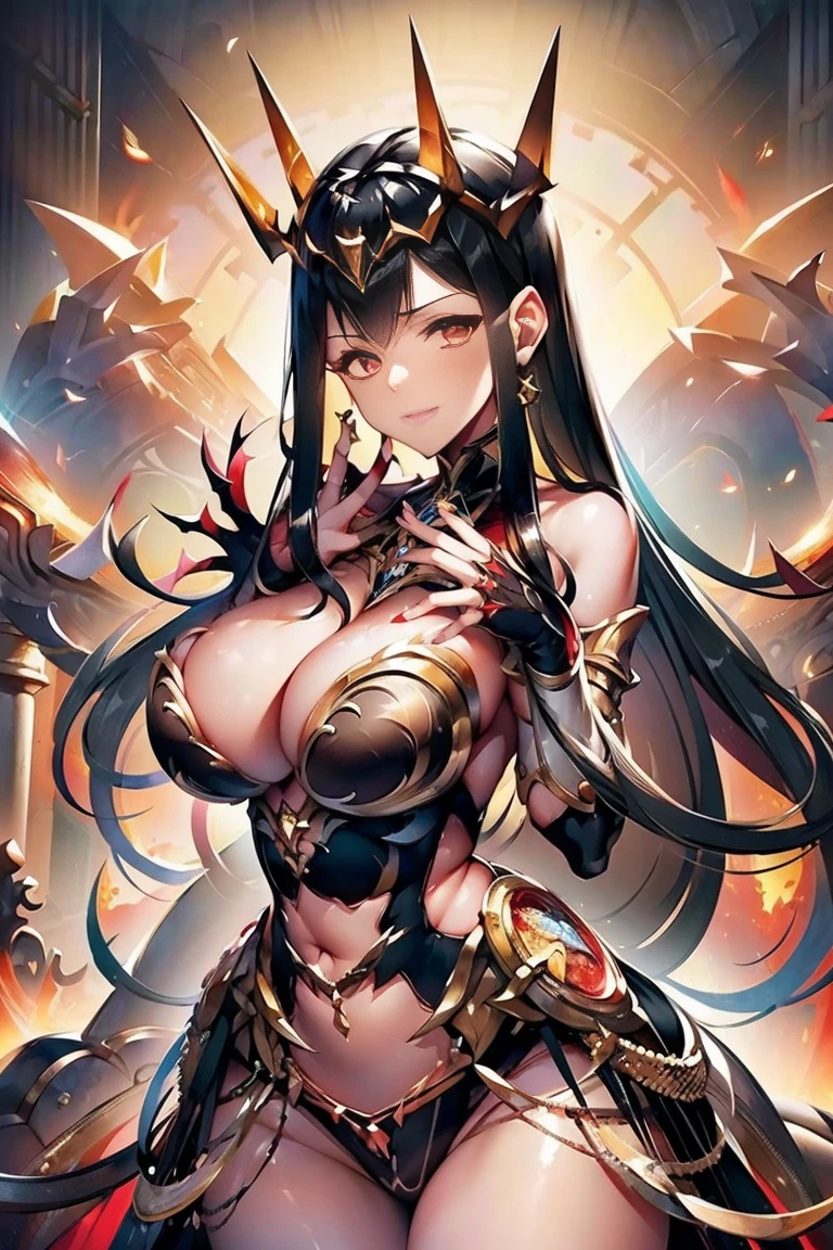 black hair, bare shoulder, red eyes, very long hair, cleavage, large breasts, dress, showgirl skirt, high-leg, cleavage cutout, tiara, bare thighs, gauntlets, bare shoulder, (((extremely detailed hands and fingers, ultra detailed hands and fingers, super detailed hands and fingers, perfect female hands and fingers, biologically accurate hands and fingers, 5 fingers accurate hands and fingers, beautiful hands and fingers, hands and fingers drawing, human hand and fingers, perfect arrangement of fingers))), adult face, fearless face, both arms, two arms, both hands, two hands, super fine illustration, masterpiece, masterwork, by famous artist, official art, ultra high res, best quality, high quality, Hand, detailed, perfect, perfection , hands, betterhand, both hands is Thumb and index finger and middle finger and ring finger and little finger.