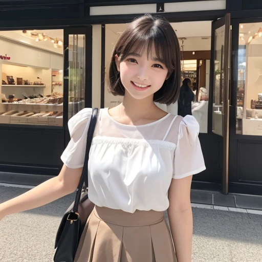20-year-old women、Japanese、Beauty、The eyes are double、Natural smile、Natural Whitening、White blouse、Brown skirt、Black short hair、Outlet mall background