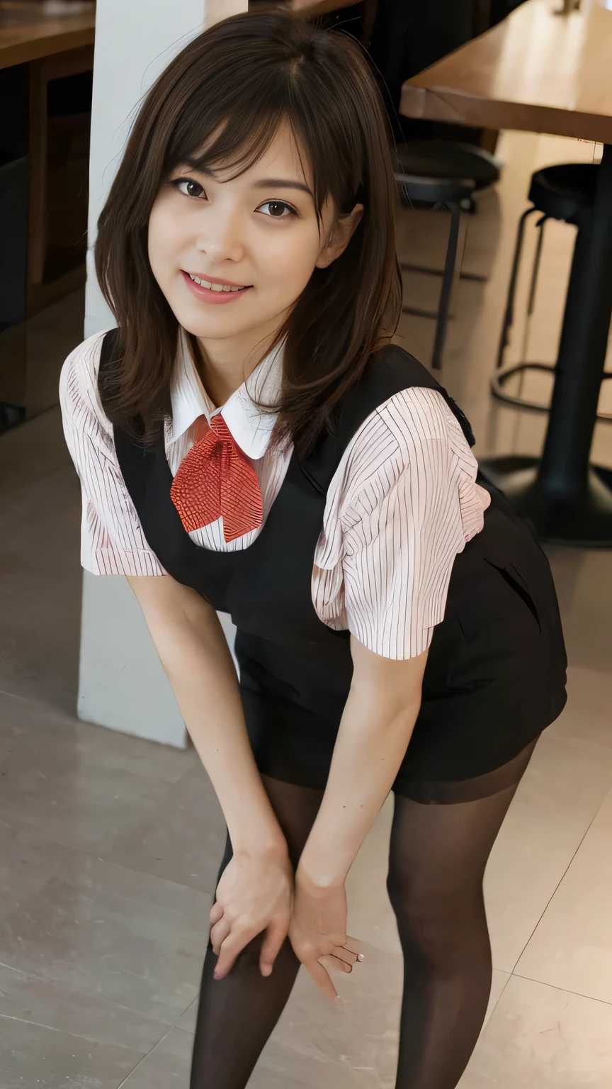 Highest quality、8k、masterpiece、Ultra-high resolution、Clear photos、Professional Lighting、Natural light、Realistic,、Highly detailed skin、Perfect Anatomy、(Beautiful Hands)、(Beautiful fingers)、One Woman、Age 25、Baby Face:1.8、Large Breasts、(Large areola)、Glamour、Bob Hair、Brown Hair、Beautiful Hair、smile、Star Uniform、Black vest、Short-sleeved shirt、Black tight mini skirt、((Perfect Pantyhose:1.2))、((Black Pantyhose:1.1))、At the cafe、Crouching on the floor