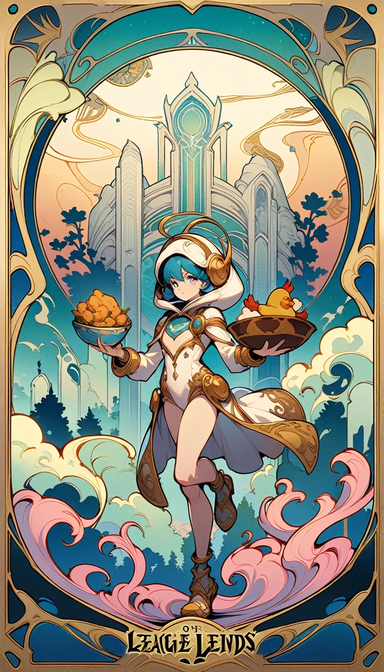 ((best quality)) , ((masterpiece)) , (detailed),a cartoon chicken dressed as an astronaut, holding bowl of food in his hand and flying over the city with some characters running away from him, league of legends splash art,(art nouveau style , elegant, decorative, curvilinear forms, nature-inspired, ornate, detailed)