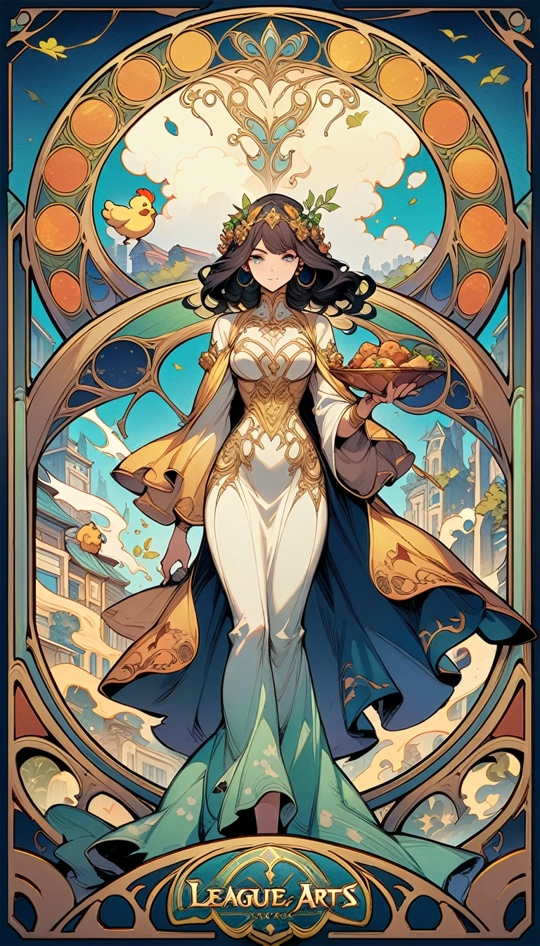 ((best quality)) , ((masterpiece)) , (detailed),a cartoon chicken dressed as an astronaut, holding bowl of food in his hand and flying over the city with some characters running away from him, league of legends splash art,(art nouveau style , elegant, decorative, curvilinear forms, nature-inspired, ornate, detailed)