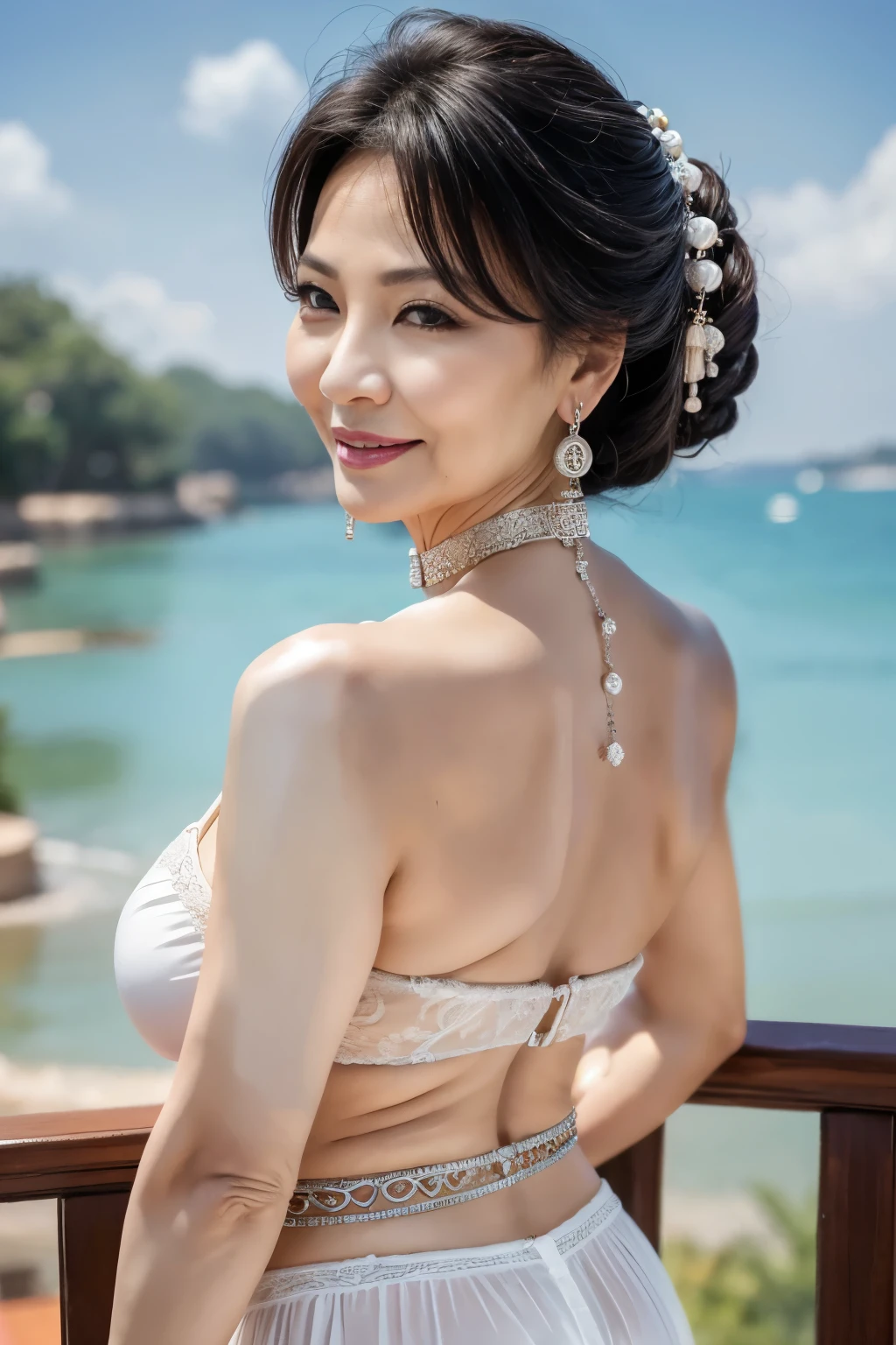 75 years old mom milf Korean, Lady large earring Big choker navel piercing decoration A bracelet Silver Hair realisitic Gorgeous Madame Beautiful Mature Woman sexly Smile Gentle woman navel piercing 4K High quality gorgeous madam beautiful mature woman Back view
