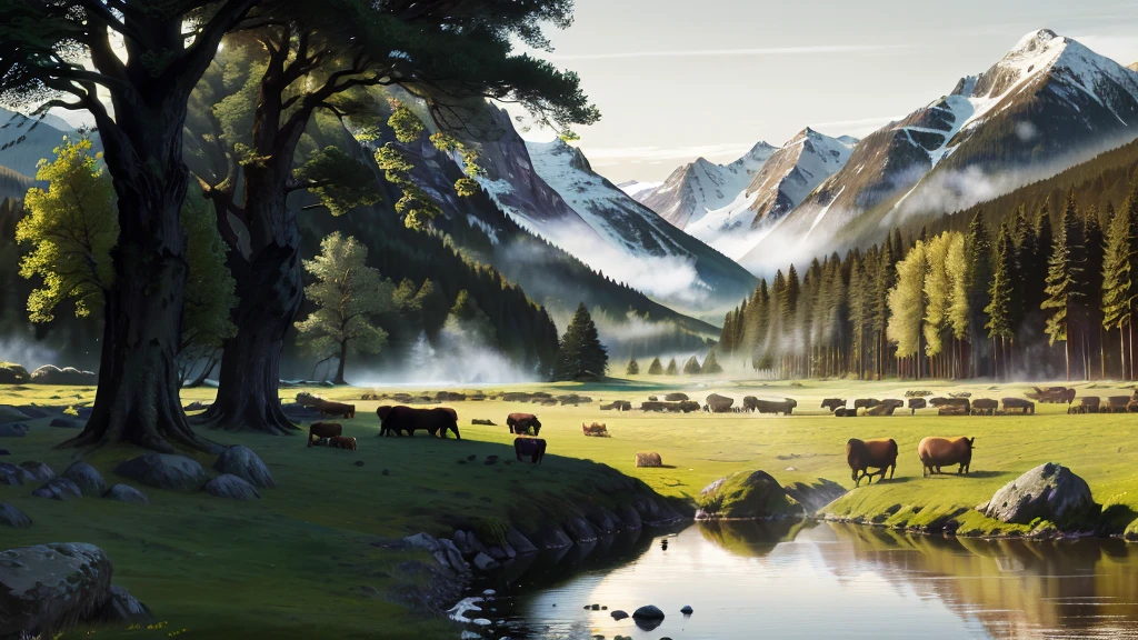 meadow, lush green forest, distant mountains, stream, flock of sheep, (best quality,4k,8k,highres,masterpiece:1.2),ultra-detailed,(realistic,photorealistic,photo-realistic:1.37),landscape,natural lighting,scenic,vibrant colors,serene,idyllic