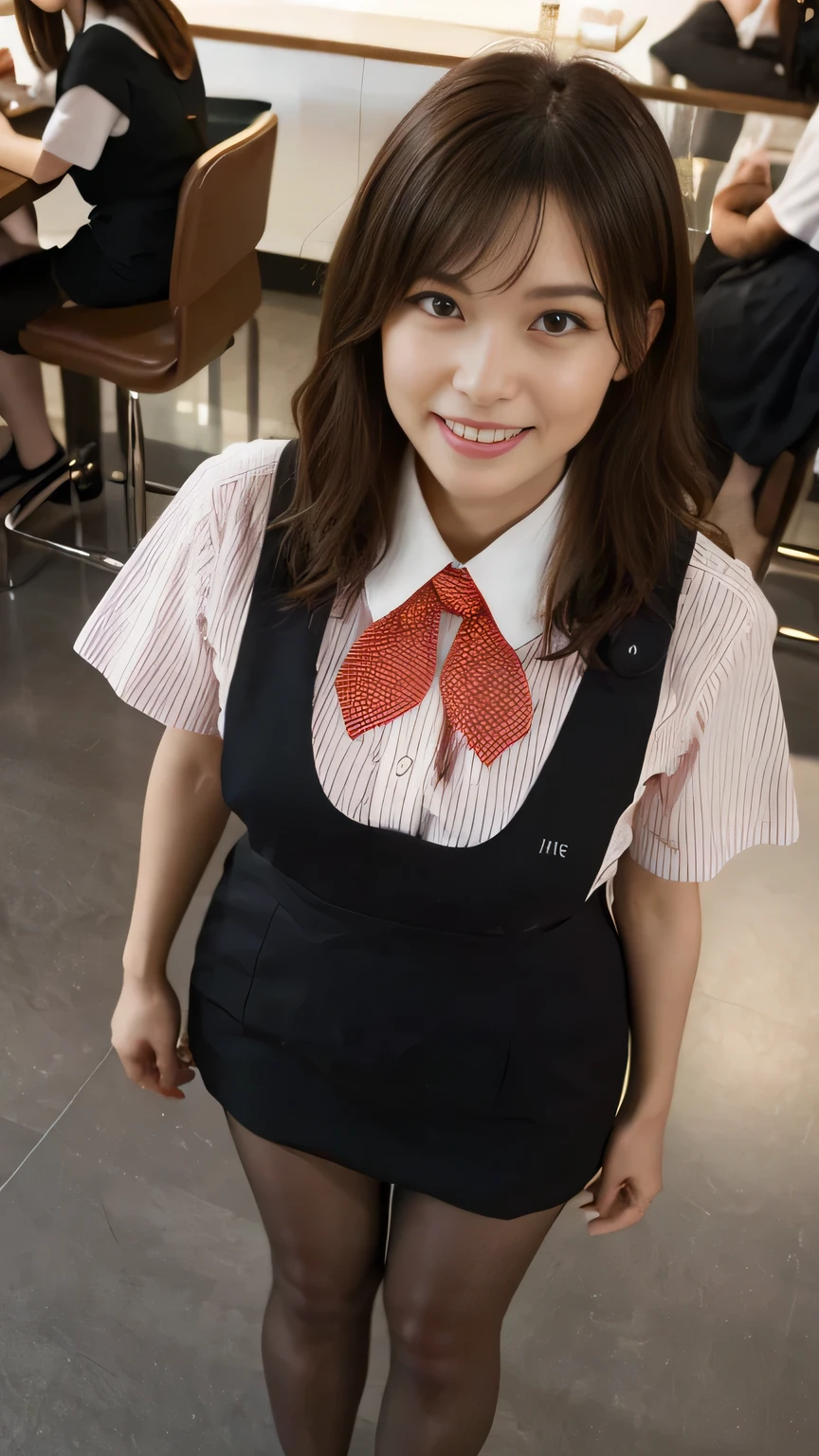 Highest quality、8k、masterpiece、Ultra-high resolution、Clear photos、Professional Lighting、Natural light、Realistic,、Highly detailed skin、Perfect Anatomy、(Beautiful Hands)、(Beautiful fingers)、One Woman、Age 25、Baby Face:1.8、Large Breasts、(Large areola)、Glamour、Bob Hair、Brown Hair、Beautiful Hair、smile、Star Uniform、Black vest、Short-sleeved shirt、Black tight mini skirt、((Perfect Pantyhose:1.2))、((Black Pantyhose:1.1))、At the cafe、Crouching on the floor