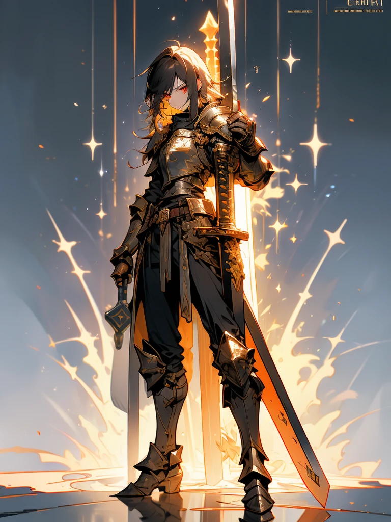 (a teenager male knight in cracked Gold armor), handsome, ((he raise a Greatsword stained with dark element)), a giant gate of castle behind him, light from the sky, lots of swords point at the knight, red eyes, silver hair, black hair, gradient hair, chiaroscuro, cinematic lighting, god rays, ray tracing, reflection light, ((full-body)), masterpiece, best quality, high quality, high details, highest, accurate, anatomically correct, textured skin, UHD, 1080P, ((anime))