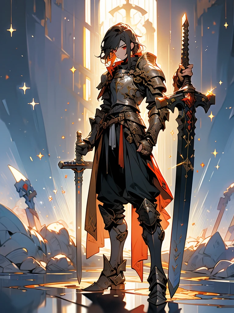 (a teenager male knight in cracked Gold armor), handsome, ((he raise a Greatsword stained with dark element)), a giant gate of castle behind him, light from the sky, lots of swords point at the knight, red eyes, silver hair, black hair, gradient hair, chiaroscuro, cinematic lighting, god rays, ray tracing, reflection light, ((full-body)), masterpiece, best quality, high quality, high details, highest, accurate, anatomically correct, textured skin, UHD, 1080P, ((anime))