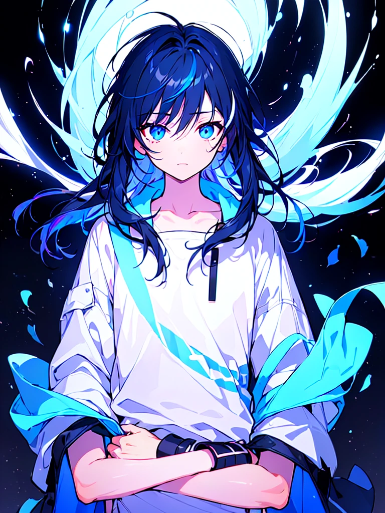 [(BLACK BACKGROUND:1.5),::5], ((((masterpiece)))), high quality, ultra very high resolution, full color, (((solo))), (()), BLACK hair, ((Blue streaked hair)), (oriental deepblue eyes), anime, ((upper body)), Summer clothes, neon light, black parka,