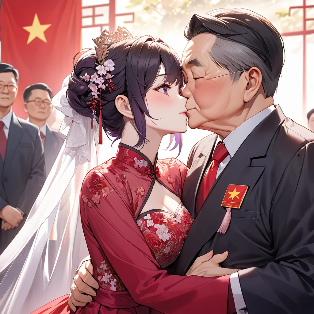 ((Highest quality)), ((masterpiece)), (detailed), (Perfect Face)、The woman is a Chinese woman named Kocho Shinobu.。, Purple gradient bob black hair and formal evening hairstyles. She is wearing an engagement ring. She is a prominent member of the Chinese Communist Party.、She is the wife of a great old Communist Party official.、The woman is wearing a gorgeous red wedding dress that is typical of the Chinese Communist Party.、She is seen hugging and kissing a dignified elderly Communist Party official in a loving wedding ceremony.。