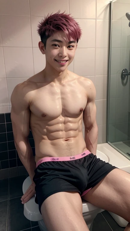 Japanese men、、Muscles and smooth skin、Undercut black and pink hair、Relaxed and friendly smile、Light pink boxer briefs、The whole body is visible from toes to head、Posing in the bathroom、