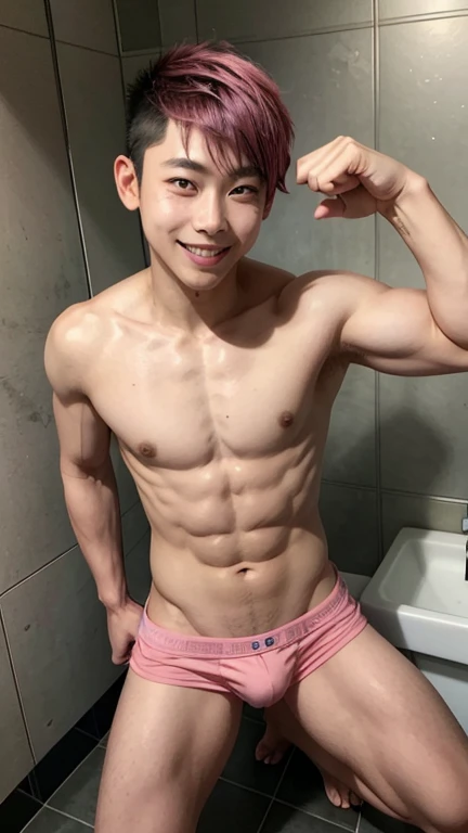 Japanese men、************、Muscles and smooth skin、Undercut black and pink hair、Relaxed and friendly smile、Light pink boxer briefs、The whole body is visible from toes to head、Posing in the bathroom、