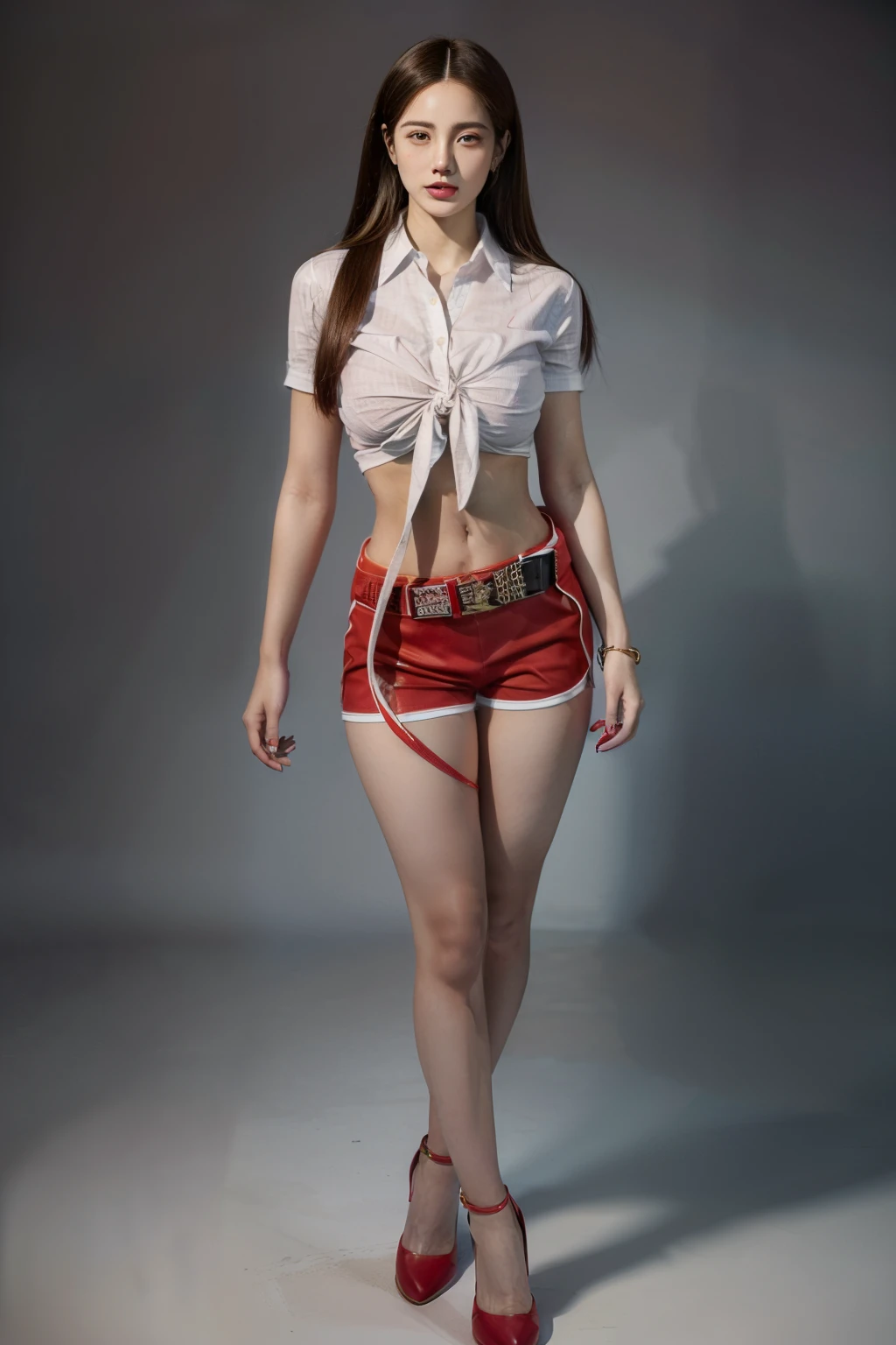 (RAW shooting, Photoreal:1.5, 8k, highest quality, masterpiece, ultra high resolution), perfect dynamic composition:1.2, Highly detailed skin and facial textures:1.2,beautiful and aesthetic:1.2, sexy beauty, perfect style, belief, Strong-willed, revenge, Fair skin, very beautiful face, (large breast, Chest gap), (beautiful eyes)(connie, 1girl, tall, long legs, navel, straight hair, tied shirt, belt:2, tight red shorts:2),(simple background:1),(knees together),(standing:1.4),(full body photo:1.4),