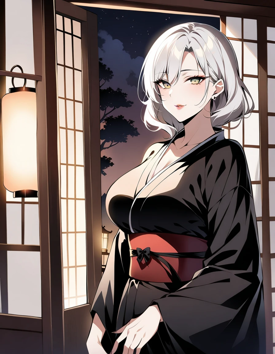 A sultry nightfall setting: a dimly lit, mist-shrouded garden, where an alluring 35-year-old widow, her features illuminated by the soft glow of lanterns, stands poised in a provocative pose, her glossy black kimono billowing behind her like a dark cloud. Her eyes gleam with mischievous intent as she gazes directly into the camera, her full lips curled into a wicked smile.,(An evil seductive smile on the other side of the Japanese-style bedroom with the sliding doors open., A 35-year-old mature widow with a mysterious beauty wearing a seductive black kimono looks at me while doing so.),masterpiece, incredibly absurd resolution, absolute resolution, super high resolution,