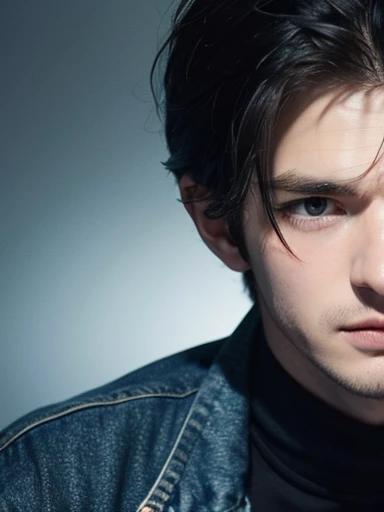 andrew Garfield, man, defined body, round face, short hair, hair back, messy front hair, black hair, Sapphire blue eyes, small nose, small lips, soft jaw, denim jacket, simple black high-neck t-shirt, blue jeans, exhausted expression, falling into a bottomless precipice, looking at the sky, black background, view of the face