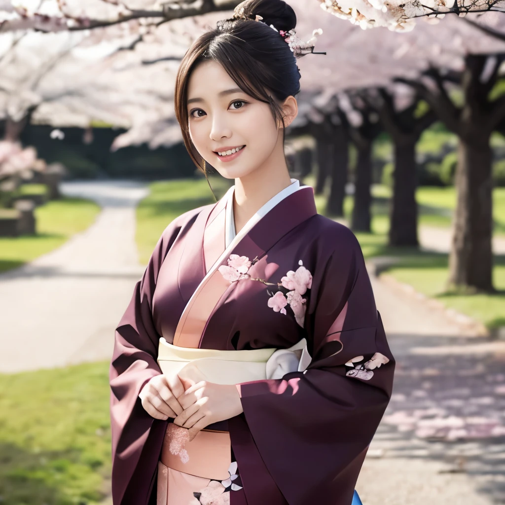 (masterpiece),(Highest quality),(Very detailed),(High resolution),8k,wallpaper,One Woman,A woman is standing,elegant,kimono写真撮影,(((whole body))),(Hair Bun),Laugh with your mouth closed,(Beautiful long-sleeved kimono),(((The background is cherry blossoms.))),((kimono))