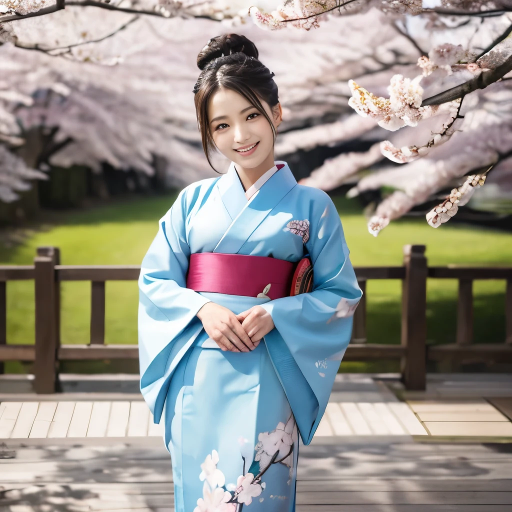 (masterpiece),(Highest quality),(Very detailed),(High resolution),8k,wallpaper,One Woman,A woman is standing,elegant,kimono写真撮影,(((whole body))),(Hair Bun),Laugh with your mouth closed,(Beautiful long-sleeved kimono),(((The background is cherry blossoms.))),((kimono))