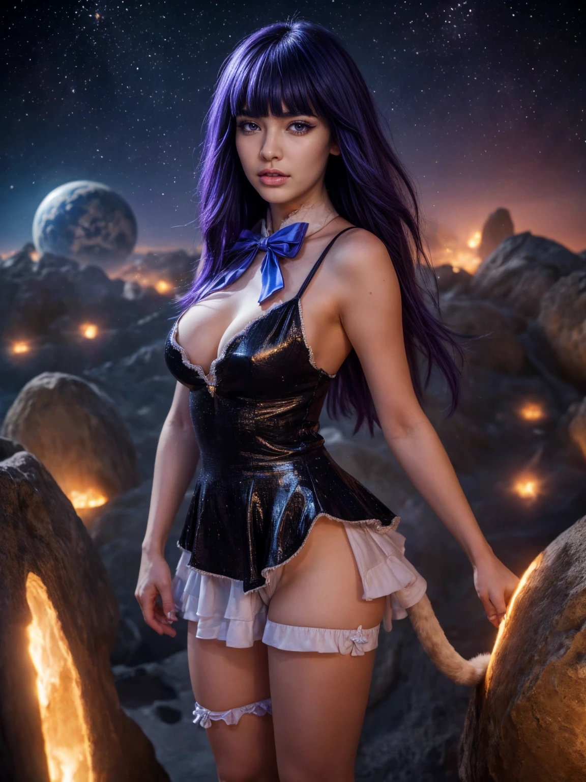 (1 lady), (Best quality at best:1.4), (ultra - detailed), (extremely detailed CG unified 16k), A Beautiful Woman with Perfect Figure: 1.4, Sharp Focus: 1.2, purple hair, very detailed, High-definition RAW color photo, professional photoshooting, amazing face and eyes, cosmetics, (amazingly beautiful girl), ((frederica bernkastel)), ((dress, bowtie, mary janes, socks, cat tail, tail bow, tail ornament)), levitating in a cute posture, (floating in space), (She's levitating in a cosmic sea, outer space:1.3, quantum hyperspace room lacking walls, hyperspace chamber, extremely detailed background, a lot of details background, realistic outer space background with stars quasars and cosmic bodies, brighter background), (look from above), realistic cinematic face, head to feet long wide zoomed out view, full body long view, photorealistic, ((realistic natural purple hair style, purple eyes)), gorgeous, extremely beautiful face, perfect model beauty, pout mouth, Highly Detailed Face and Skin Texture, Detailed Eyes, Double Eyelids, Big Breasts, Expressionless, (masterpiece), best quality, high resolution, extremely detailed, cinematic lighting, amazing legs, high heels, clear and well-cared skin, pale skin