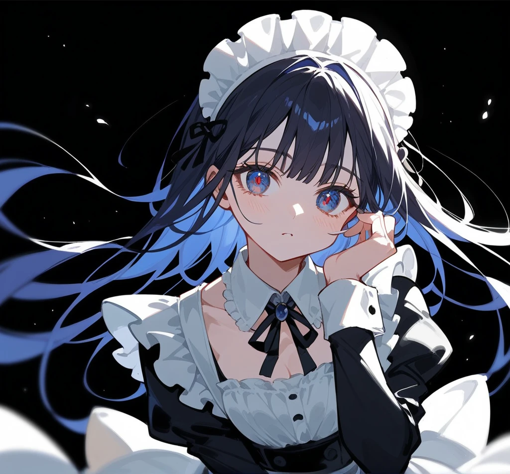 1girl, solo, maid, long carolina dusk green straight hair, apron, maid headdress, maid apron, dress, dusk red cheery eyes, white pantyhose, frills, long sleeves, pantyhose, black dress,
simple background, black background,
detailed beautiful eyes, perfect body, [nsfw:0.88]
(detailed light), (an extremely delicate and beautiful), volume light, best shadow,cinematic lighting, Depth of field, handwritten, doodle
nagi, Beautiful straight hair with slightly long bangs, Head turned back, dark black background 