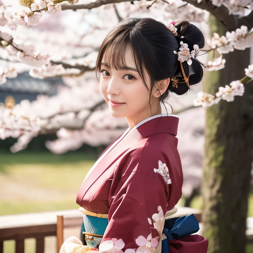 (masterpiece),(Highest quality),(Very detailed),(High resolution),8k,wallpaper,One Woman,A woman is standing,elegant,kimono写真撮影,(((whole body))),(Hair Bun),Laugh with your mouth closed,(Beautiful long-sleeved kimono),(((The background is cherry blossoms.))),((kimono))