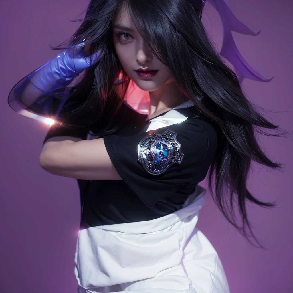Create a hyper-realistic 4K image of a fantasy character with striking black hair and sharp, wolf-like ears against a vibrant purple background. The character has intense, glowing eyes and wears dark lipstick, enhancing her mystical allure. Her hair flows wildly around her face, adding to her fierce appearance. She wears a modern dark blouse with a prominent white collar, giving her a stylish yet intimidating look. The overall tone should capture a strong contrast between her dark features and the bright background, emphasizing her bold personaand a touch of whimsy. 3d model, multiple light sources, rim light, sharp post broken glass magic ball of turquoise color with fragments lying nearby frame above from above on a white background effects render, (glossy plastic texture with multiple big light probe refractions), perfect cgi, smooth silhouette, high intensity refraction, (super glossy plastic material), most beautiful vfx, , realistic, 4k, high resolution, rim light, smooth 3d model, multiple light sources, rim light, sharp post effects render,, realistic, 4k, high resolution, rim light detailed digital art, reflective, best quality, 4k, masterpiece:1.2, ultra-detailed, realistic, vivid colors, The image of the highest quality, ensuring every detail showcased perfectly. It in 4k resolution, allowing viewers to immerse themselves in the richness of the colors and intricate details. The realistic rendering. under the spotlight, reflecting, high-resolution image, realistic rendering