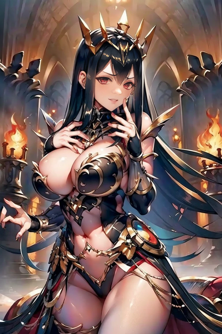 black hair, bare shoulder, red eyes, very long hair, cleavage, large breasts, dress, showgirl skirt, high-leg, cleavage cutout, tiara, bare thighs, gauntlets, bare shoulder, (((extremely detailed hands and fingers, ultra detailed hands and fingers, super detailed hands and fingers, perfect female hands and fingers, biologically accurate hands and fingers, 5 fingers accurate hands and fingers, beautiful hands and fingers, hands and fingers drawing, human hand and fingers, perfect arrangement of fingers))), adult face, fearless face, both arms, two arms, both hands, two hands, super fine illustration, masterpiece, masterwork, by famous artist, official art, ultra high res, best quality, high quality, Hand, detailed, perfect, perfection , hands, betterhand, both hands is Thumb and index finger and middle finger and ring finger and little finger, symmetrical hands, even hands,