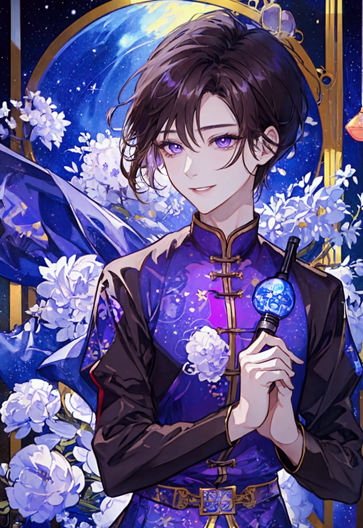 (Highest quality)(masterpiece)(８K)、woman、Alone in a private room、Brown Hair、Age 35、Radio Distribution、Speak into the microphone、Short Wolf Hairstyles、Upper Body、jewel-like purple eyes、smile、thin、You can see the starry sky from the window,cool