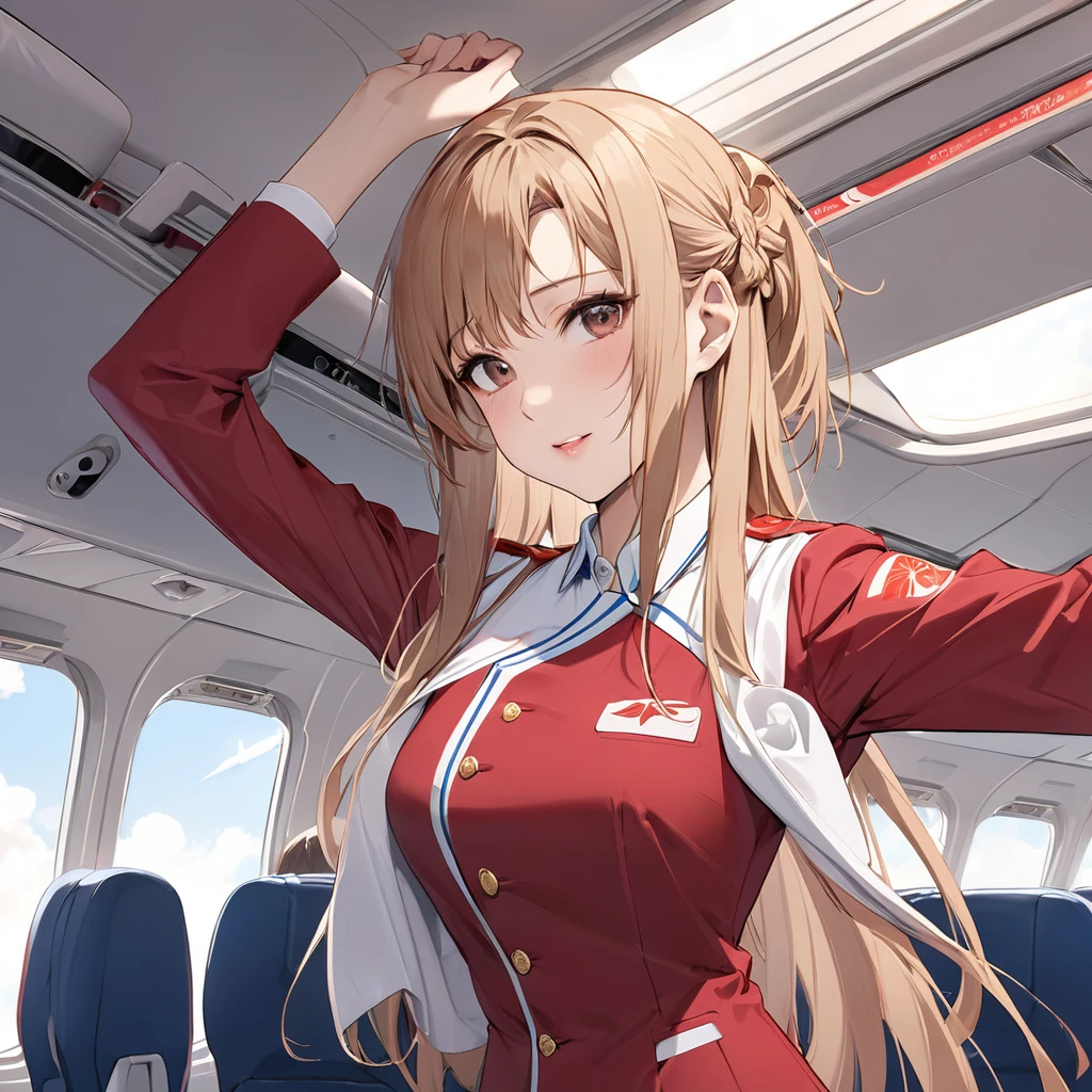 ((Highest quality)), ((masterpiece)), (detailed), （Perfect Face）、The woman is a Chinese flight attendant for Air China, named Yuuki Asuna, with light brown, medium-long hair.、The woman is wearing the red uniform of an Air China flight attendant.、The woman is an honorable special flight attendant reserved for members of the Chinese Communist Party.