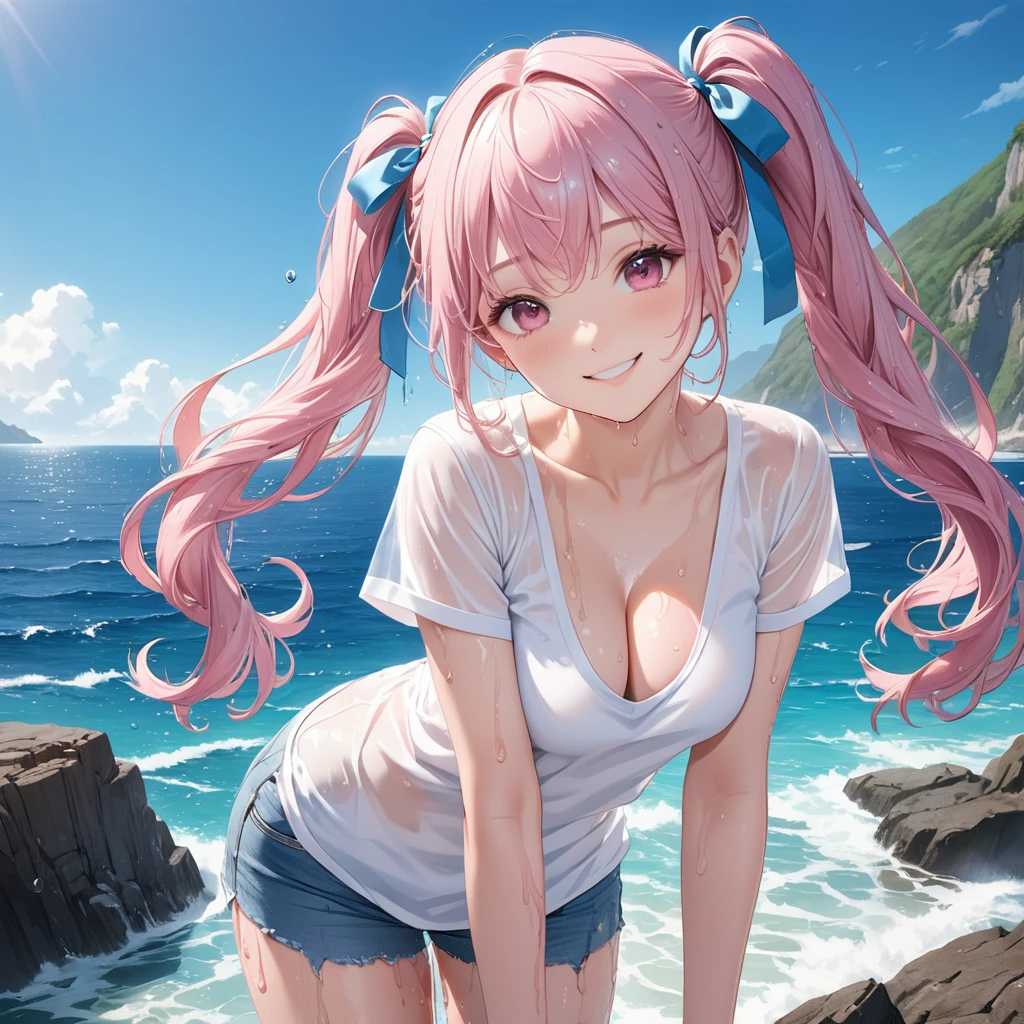 (8K, masutepiece, Best Quality, Official art, beautiful detailed, beautiful lighting, best masterpiece in history that exceeds limits), (1 Girl, Solo), (sixteen years old), (beautiful detailed face), (wet shiny white skin), (Beautiful big bust, cleavage, thighs:1.3), (beautiful detailed pink twin tails hair, Bangs:1.3), (pastel blue cute ribbon), (beautiful detailed drooping pink eyes:1.5), (see through wet plain white T-shirt, short sleeves long length:1.3), (happy smile:1.2), (standing, Attractive, Look at the camera, cute pose), breathtaking scenery, (ultra detailed Beautiful sea, blue sky:1.3)