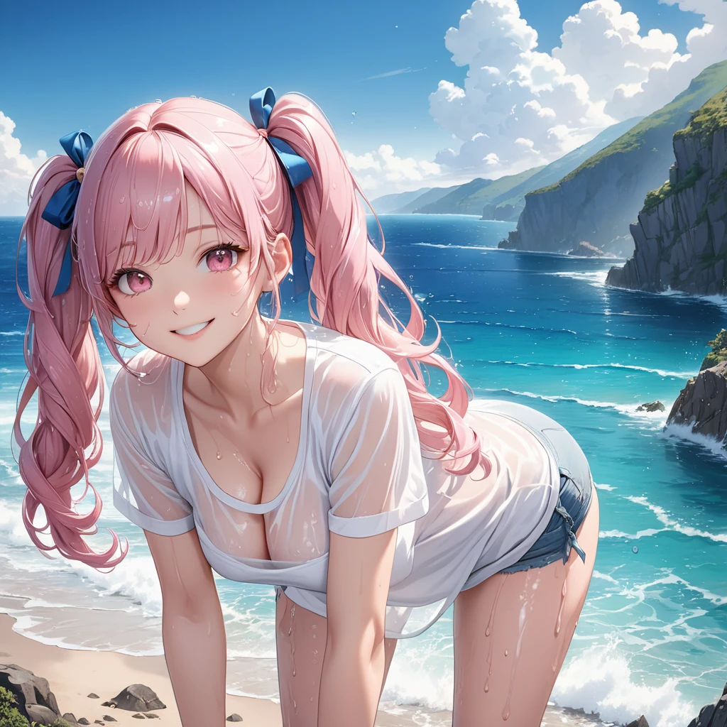 (8K, masutepiece, Best Quality, Official art, beautiful detailed, beautiful lighting, best masterpiece in history that exceeds limits), (1 Girl, Solo), (sixteen years old), (beautiful detailed face), (wet shiny white skin), (Beautiful big bust, cleavage, thighs:1.3), (beautiful detailed pink twin tails hair, Bangs:1.3), (pastel blue cute ribbon), (beautiful detailed drooping pink eyes:1.5), (see through wet plain white T-shirt, short sleeves long length:1.3), (happy smile:1.2), (standing, Attractive, Look at the camera, cute pose), breathtaking scenery, (ultra detailed Beautiful sea, blue sky:1.3)
