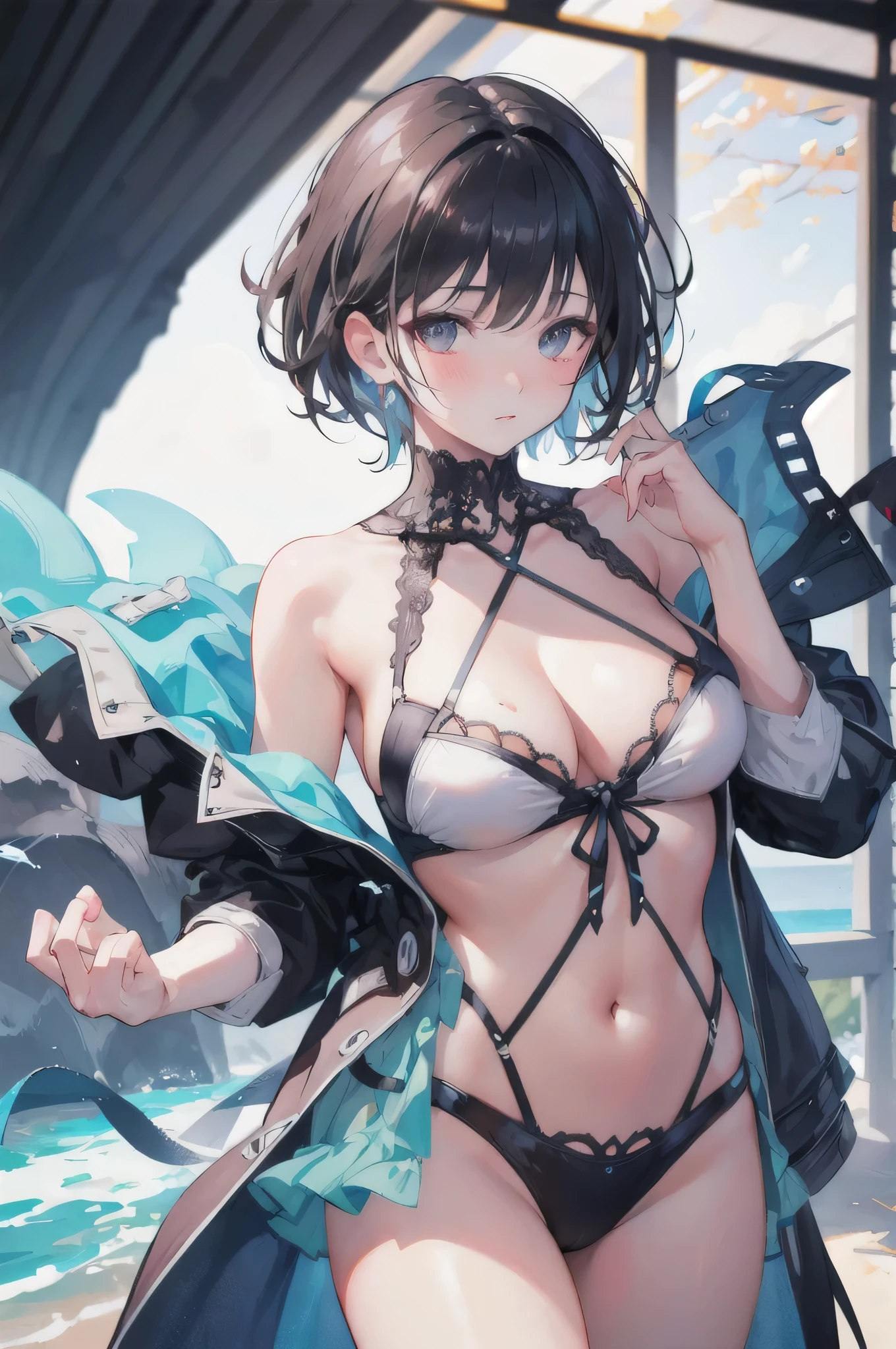 One girl, cowboy shot of beautiful There is, View your viewers, Swimwear, Black Hair, blush, short hair, , Volumetric lighting, Highest quality, masterpiece, Intricate details, Tone Mapping, Sharp focus, Super detailed, Trending on Art Station, There is, Realistic