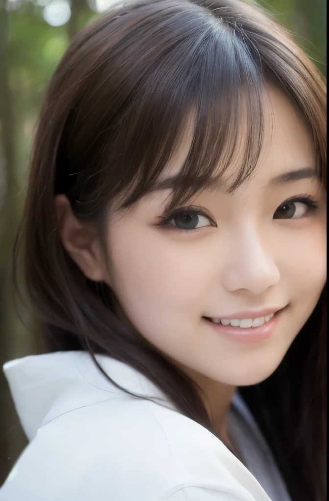 best quality, face focus, soft light, ultra high res, (photorealistic:1.4), RAW photo,(Shinozaki Ai), white skin, kawaii,
1 Japanese girl, solo, cute, (smile), (pupil, lights in the eyes), detailed beautiful face, Medium-sized breasts,(high resolution detail of human skin texture),(long hair),(portrait), upper body, white traditional kimono, in the forest,