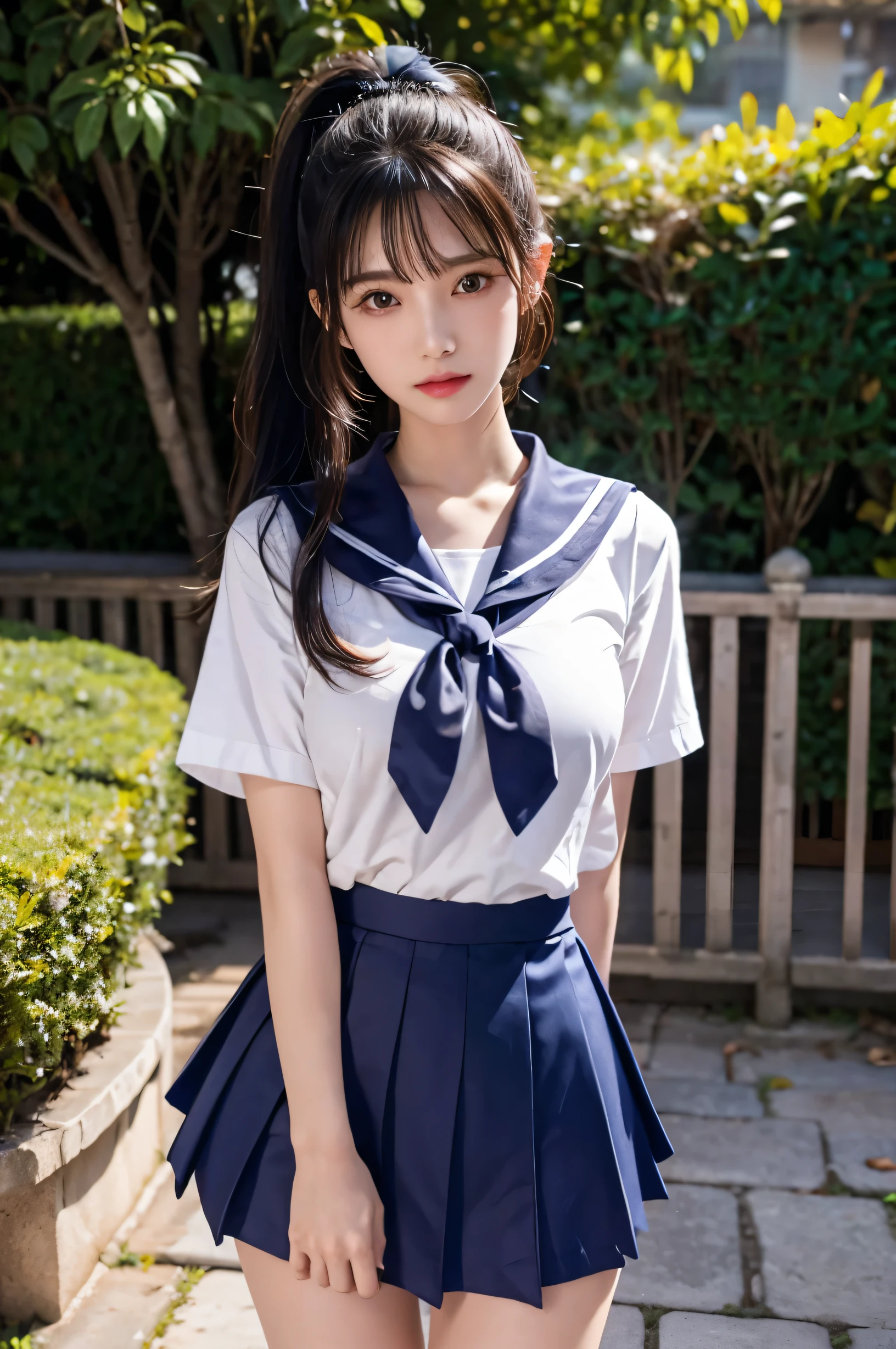 (Ultra HD), (Short-sleeved sailor uniform, Navy blue mini skirt), Big Breasts, slender, whole body, Standing posture, (Clean and shiny skin, Whitening, No makeup), (Super slim face, Super beautiful face), (ponytail, Layered Cut, Fluffy hair), (double eyelid, Slanted Eyes), Small Nose, Thin lips, Thin legs, school gate